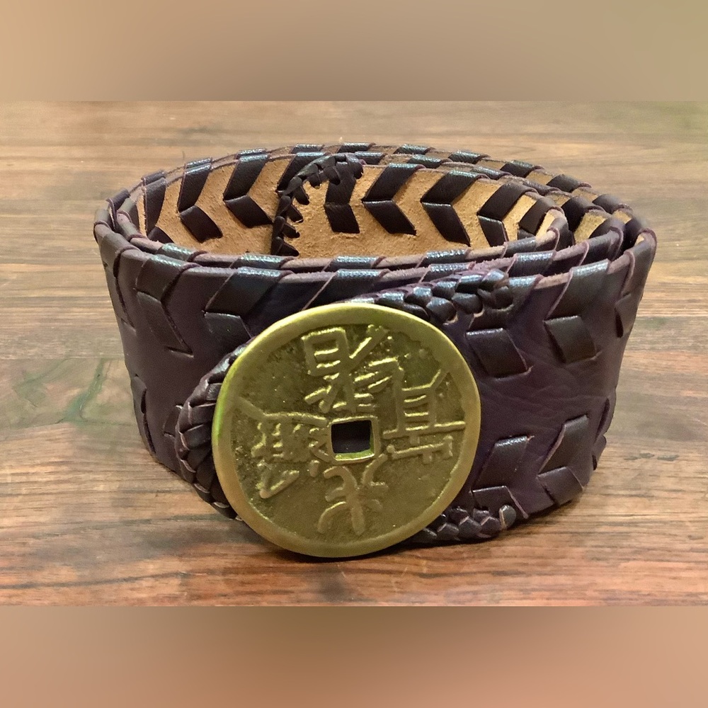 Y2K Leather Belt Brown Coin Buckle whip stitching design Wide Belt Boho Belt